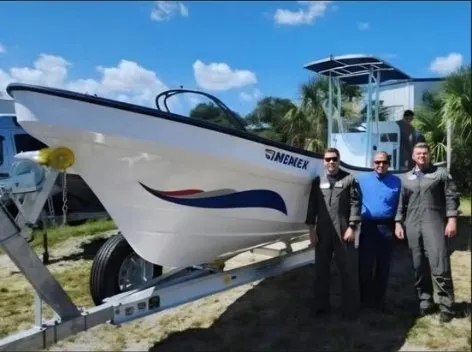 White W-25 Imemsa panga on a trailer after delivery to the US Coast Guard Air Station Morale Foundation
