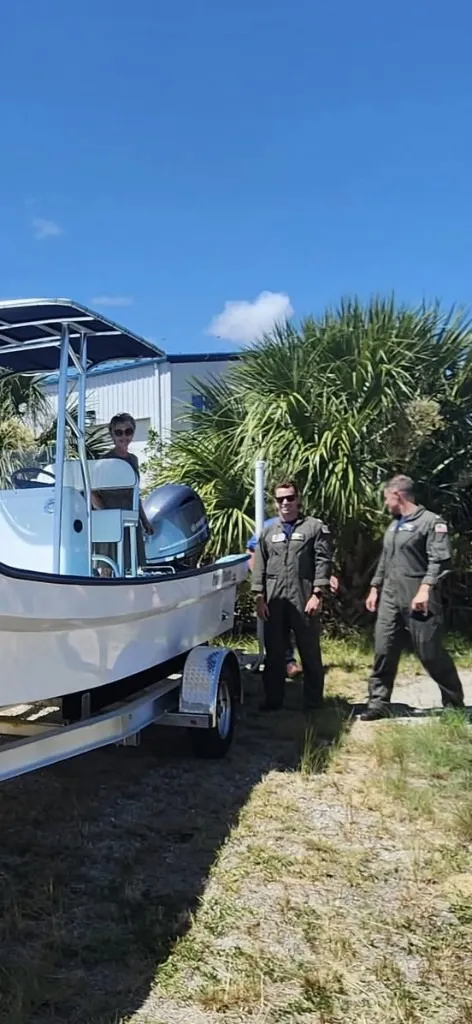 Stern of the new W-25 Imemsa panga with T-top and outboard, delivered to the US Coast Guard Air Station Morale Foundation
